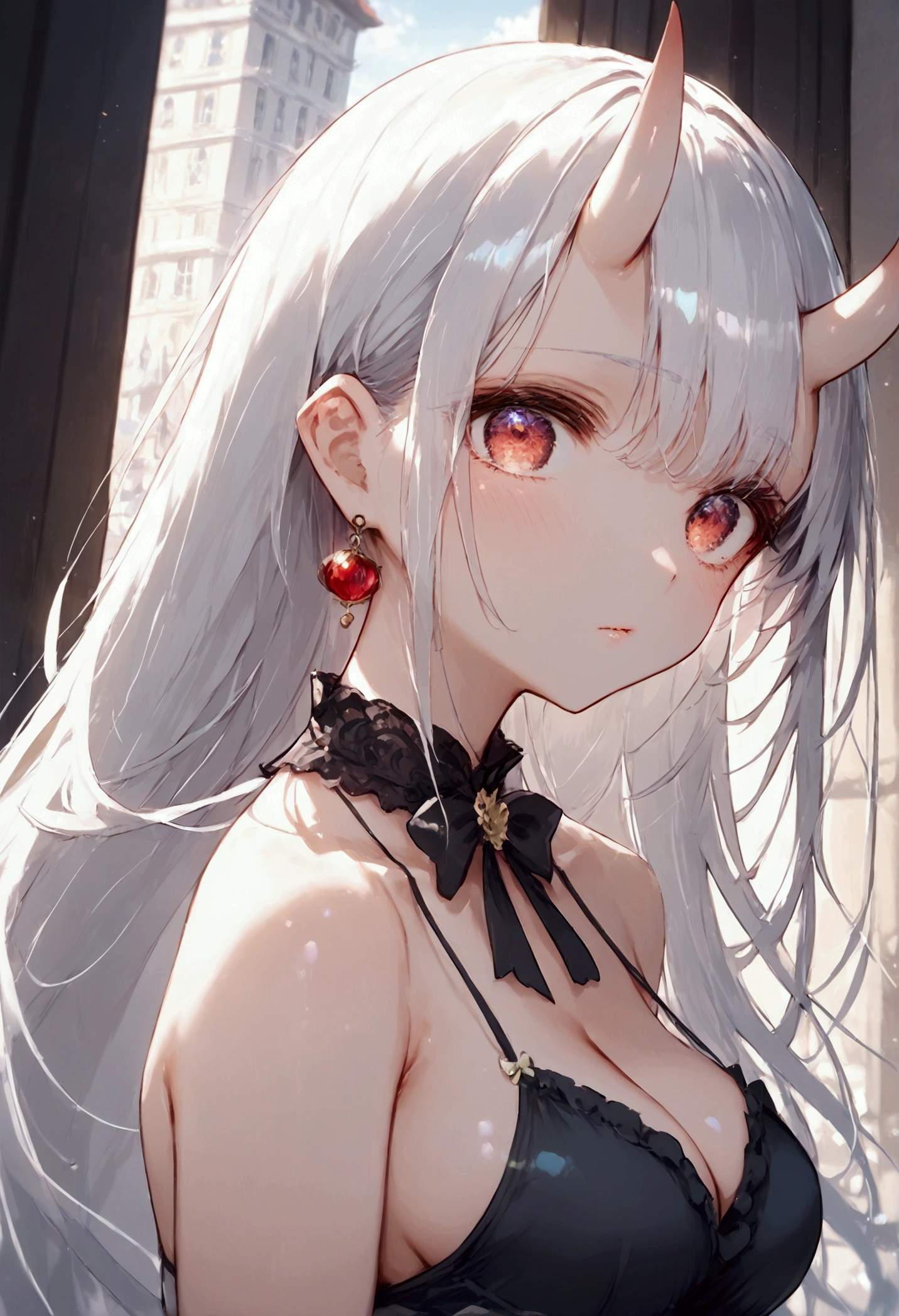 score_9, score_8_up, score_7_up, source_anime, (masterpiece), best quality, expressive eyes, perfect eyes, perfect face, oni girl, oni horns, red eyes, soft lips, long hair, very long hair, wide hips, (white hair:1.2), (white eyebrows:1), (white eyelashes:1), medium breasts:0.5, higuchi madoka, big breasts:0.3, standing, background: City, white stockings, Black dress, Black frills, ribbons, Bare shoulders