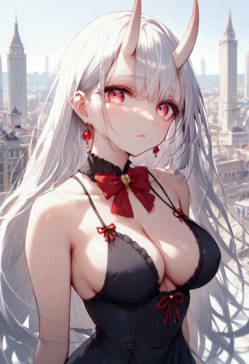 score_9, score_8_up, score_7_up, source_anime, (masterpiece), best quality, expressive eyes, perfect eyes, perfect face, oni girl, oni horns, red eyes, soft lips, long hair, very long hair, wide hips, (white hair:1.2), (white eyebrows:1), (white eyelashes:1), medium breasts:0.5, higuchi madoka, big breasts:0.3, standing, background: City, white stockings, Black dress, Black frills, ribbons, Bare shoulders