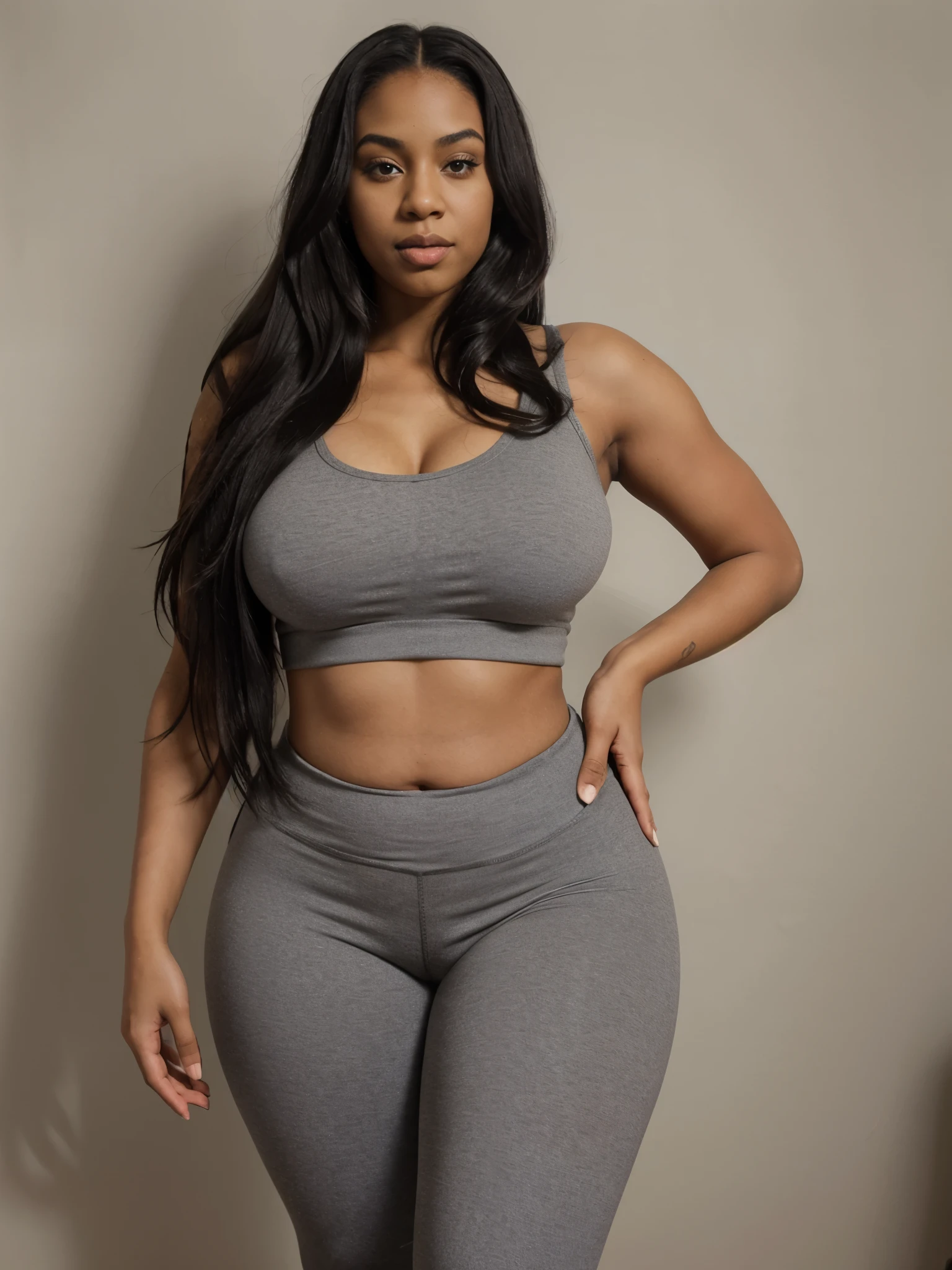 Mixed black ethnicity, curvy girl, long straight hair , curvy body , wild hips , wearing sexy grey short leggings and top