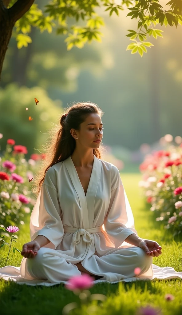 A person meditating in a peaceful garden
