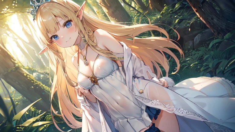 best quality、Highest image quality、Super beautiful elf beauty((22-year-old OL with big bust、Bust 100、Beautiful long permed hair、Blonde、Slender、beautiful tiara、high quality、Elf ears、Happy smile、myth、Sexy的、extremely good、Mysterious Forest、in the woods、super high quality、Super detailed、Ultra-clear、forest、one person、long blonde hair、Swimsuit、dress、dress、Bathrobe、mini skirt、Stockings、Sexy、looking into the distance