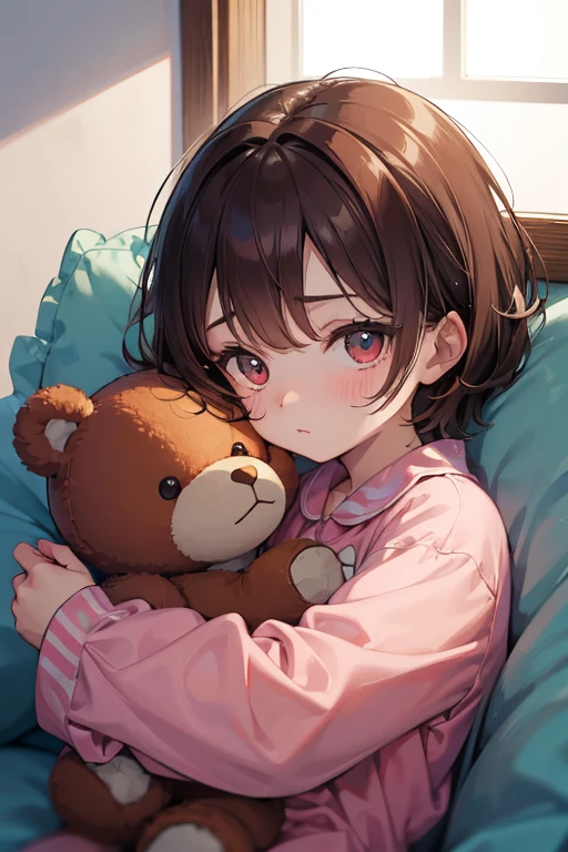 A cute baby boy in his dinosaur pajamas, His eyes were ruby red, His messy brown hair, He holds a teddy bear as he sleeps soundly in his crib as the morning light streams in through the window and illuminates