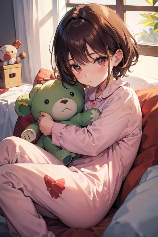 A cute baby boy in his dinosaur pajamas, His eyes were ruby red, His messy brown hair, He holds a teddy bear as he sleeps soundly in his crib as the morning light streams in through the window and illuminates