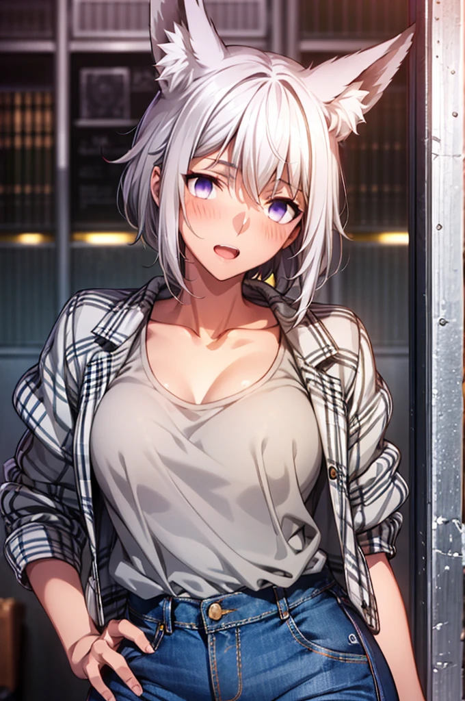 Masterpiece,Highest quality,8k,Ultra-high resolution,appropriate margins,Flawless2Book Arms,Flawless5本の指,Flawless人体,Flawless瞳,((Cowboy Shot)),BREAK,Very bright look,Laughing with your mouth open,(1 person),(The most beautiful woman),Slim body,((The most extraordinary breasts)),Moisturized Skin,Fair skin,BREAK,((White Hair,Fox ears)),short hair,BREAK,Thin eyebrows,BREAK,(Purple eyes,light in your eyes),BREAK,(shirt),(denim over jacket),(skirt),(skirtの中にshirt),BREAK,((Standing with hands on hips)),Make eye contact with your audience
