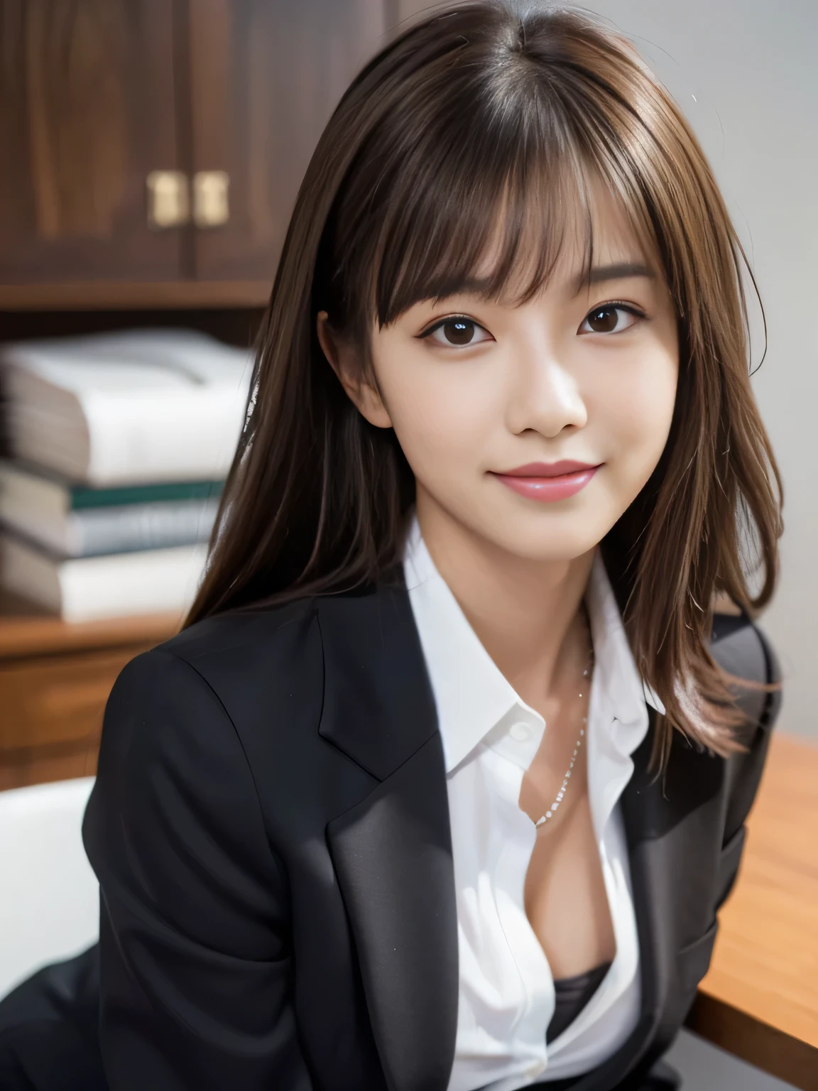 masterpiece, best quality, ultra-detailed, intricately detailed hyperdetailed, realistic, sharp features, highly detailed, sharp focus, Realistic, Photorealistic:1.3, (:1.5), perfect face, perfect symmetrically eyes, perfect full lips, hyper detailed, hyper realistic, high resolution, Fashion Model, Japanese Idol, Slender, brown hair, Stylish, model poses, Beautiful Face, light brown hair, messy hair, asymmetrical bangs, (seductive smile:1.2), (looking at viewer), cinematic lighting, (office lady suit), Office, (Random Pose), Black jacket, (collared white shirt), Black tight skirt, Long sleeves, Suit, cleavage, Formal, Smile, Black pantyhose, a beauty girl ,8K, high resolution,Raw photo, (Best Quality:1.2), Realistic, Photorealsitic, Sharp Focus,