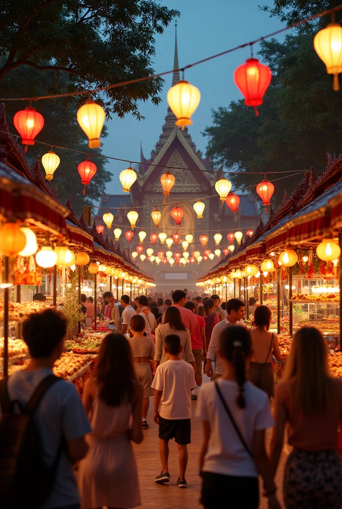 Everyone is having fun at Thai temple festival fair.