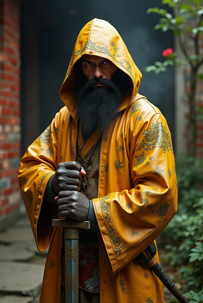 Dynamic combat  pose bearded devil  oni  warrior golden intricate details insanely leather raincoat hooded, armored with a sword in his hand, , close-up portrait, 3D effect ultra-detailed intricate insanely full HD, golden ratio, volumetric modeling, surrounded by temple garden, spotlight embroidery, accents, intense gaze, digital painting cinematic film light, expressive eyes, ultra-realistic, ultra detailed, photorealistic, , , low-angle shot,broken  red bricks wall behind with intricate  details of the diorama , dramatic angle, extreme angle shot, wide-angle shot, close-up shot