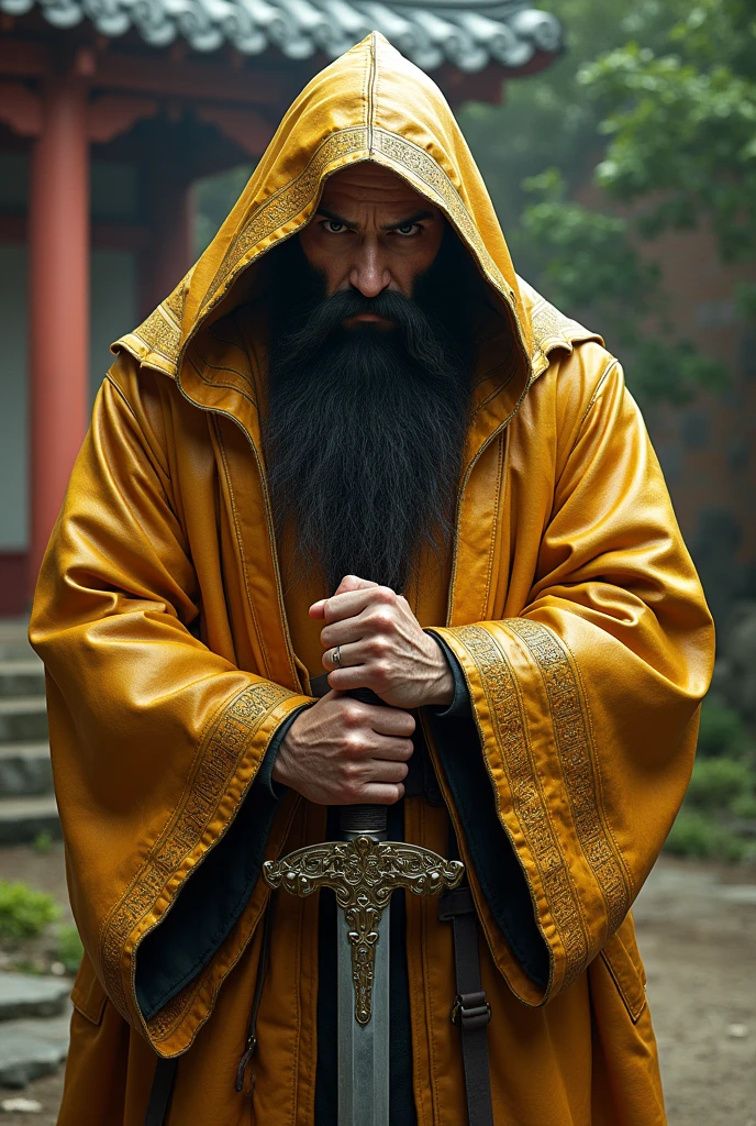 Dynamic combat  pose bearded devil  oni  warrior golden intricate details insanely leather raincoat hooded, armored with a sword in his hand, , close-up portrait, 3D effect ultra-detailed intricate insanely full HD, golden ratio, volumetric modeling, surrounded by temple garden, spotlight embroidery, accents, intense gaze, digital painting cinematic film light, expressive eyes, ultra-realistic, ultra detailed, photorealistic, , , low-angle shot,broken  red bricks wall behind with intricate  details of the diorama , dramatic angle, extreme angle shot, wide-angle shot, close-up shot