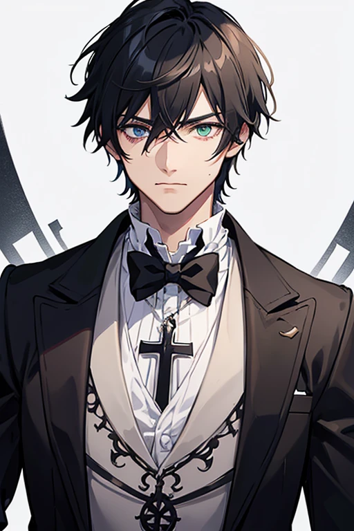 Jack the Ripper from Ragnarok, a 30-year-old priest, has short black hair and messy eyes with heterochromia, right eye, blue, left eye, green. He is a tall, muscular man, wearing a gray Victorian-era formal suit with a white shirt underneath and a blood-red steampunk top hat. with a cross on his chest, wearing a gold crucifix necklace and looking directly at the viewer, with a white background.