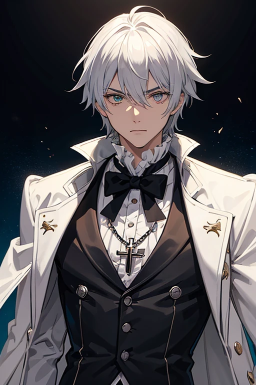 Jack the Ripper from Ragnarok, a 30-year-old priest, has short black hair and messy eyes with heterochromia, right eye, blue, left eye, green. He is a tall, muscular man, wearing a gray Victorian-era formal suit with a white shirt underneath and a blood-red steampunk top hat. with a cross on his chest, wearing a gold crucifix necklace and looking directly at the viewer, with a white background.