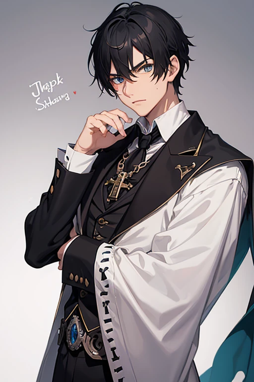 Jack the Ripper from Ragnarok, a 30-year-old priest, has short black hair and messy eyes with heterochromia, right eye, blue, left eye, green. He is a tall, muscular man, wearing a gray Victorian-era formal suit with a white shirt underneath and a blood-red steampunk top hat. with a cross on his chest, wearing a gold crucifix necklace and looking directly at the viewer, with a white background.
