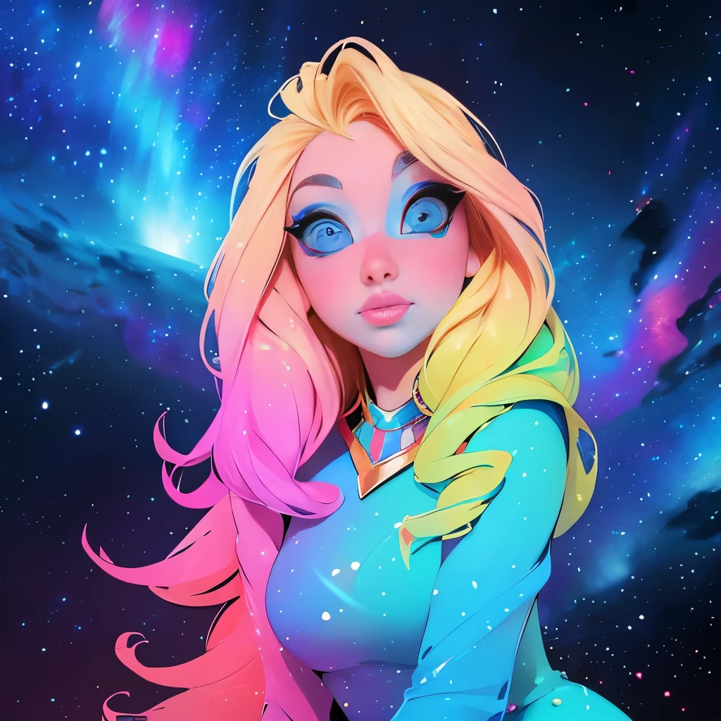 blond woman with blue eyes and a colorful dress posing for a picture, blonde girl in a cosmic dress, “ femme on a galactic shore, young beautiful amouranth, cosmic and colorful, her face looks like an orchid, aurora colored hair, colorful rave makeup, she looks like a mix of grimes, “uwu the prismatic person, cosmic girl, acid pixie