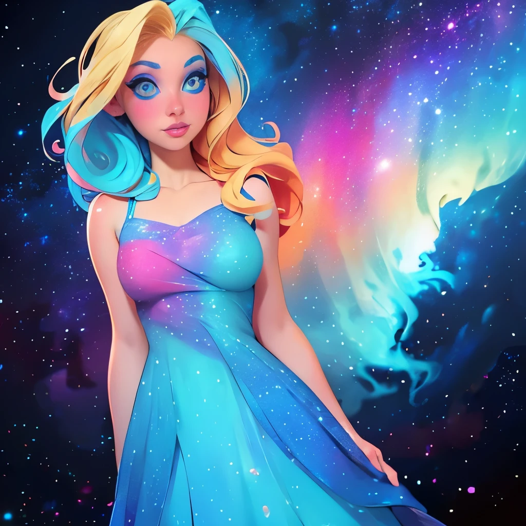 blond woman with blue eyes and a colorful dress posing for a picture, blonde girl in a cosmic dress, “ femme on a galactic shore, young beautiful amouranth, cosmic and colorful, her face looks like an orchid, aurora colored hair, colorful rave makeup, she looks like a mix of grimes, “uwu the prismatic person, cosmic girl, acid pixie