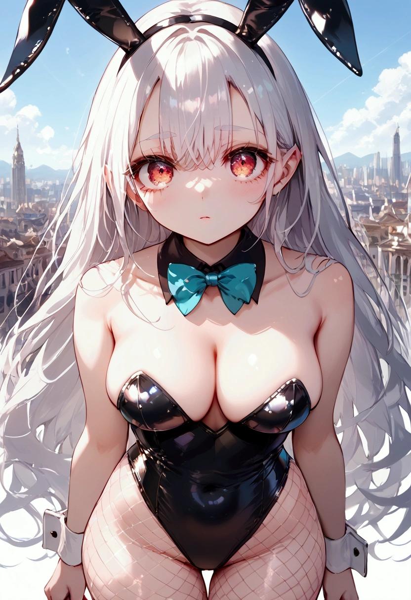 score_9, score_8_up, score_7_up, source_anime, (masterpiece), best quality, expressive eyes, perfect eyes, perfect face, oni girl, oni horns, red eyes, soft lips, long hair, very long hair, wide hips, (white hair:1.2), (white eyebrows:1), (white eyelashes:1), medium breasts:0.5, higuchi madoka, big breasts:0.3, standing, background: City, playboy bunny, rabbit ears, black leotard, detached collar, aqua bow, fishnet pantyhose, wrist cuffs, white gloves