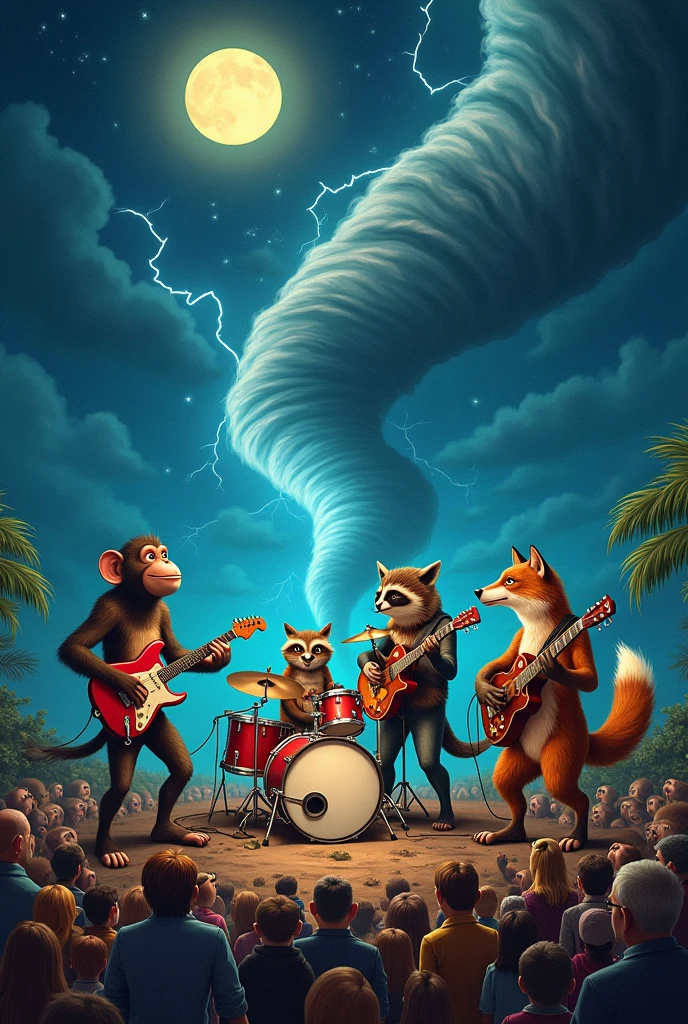 4 animaux différents jouant de la musique, en train de jouer de la musique, avec pour titre :"The Hurricane", un harmonica, une batterie, une guitare électrique, une basse, une batterie, un micro, avec la foule autour, la nuit dans une tornade, un ouragan gigantesque, avec des éclairs, sur la Lune, des étoiles, la nuit, la pleine Lune