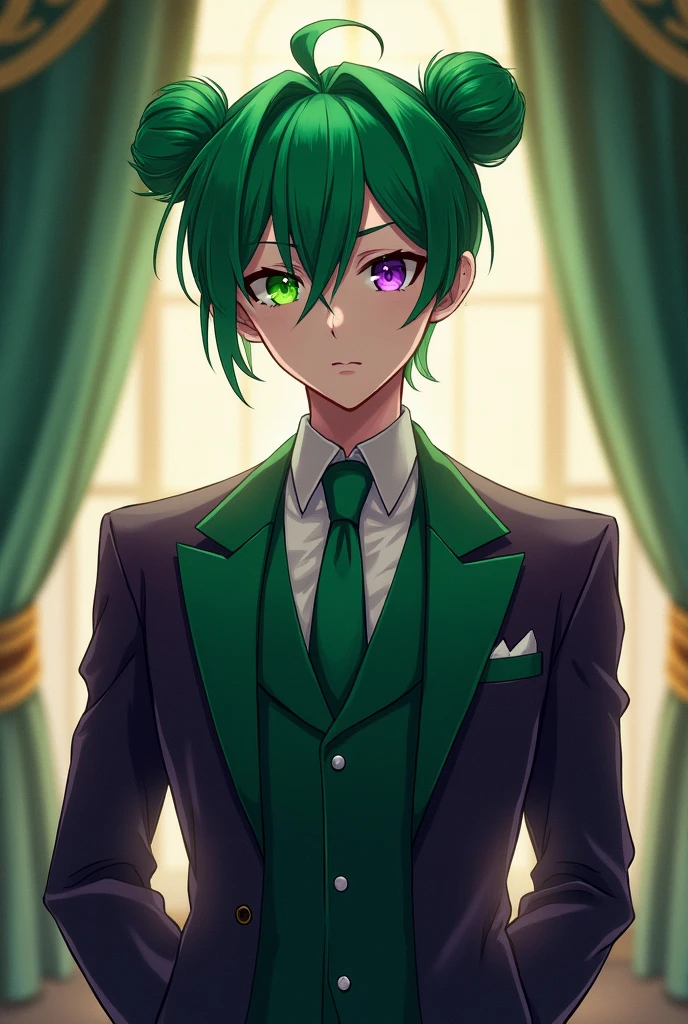 male、Green hair color、Two buns on either side of the head、Green and purple heterochromia、male、male性、anime
male、、male性、
Formal attire