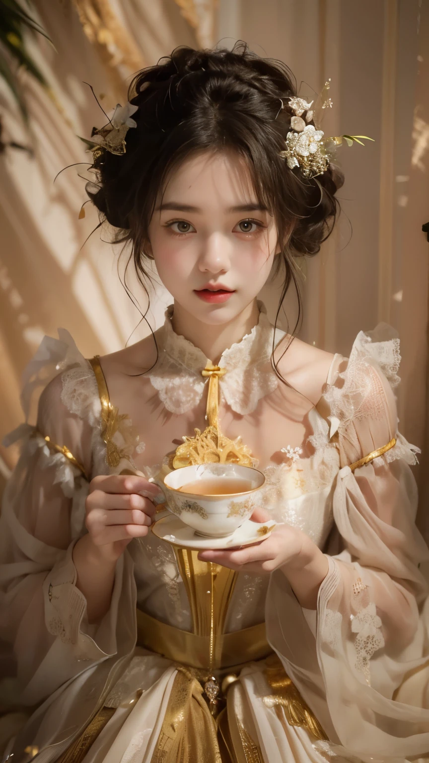 A captivating a young woman with dark, tousled hair, adorned with delicate wildflowers. She dons a delicate, off-whitegown with intricate lace details, exuding an air of elegance and grace. The woman holds a porcelain tea cup filled with a radiant golden liquid, possibly tea. The background is a soft, beige fabric with intricate gold patterns, giving the entire scene a vintage and opulent feel. The lighting is warm and soft, creating a sense of intimacy and tranquility.