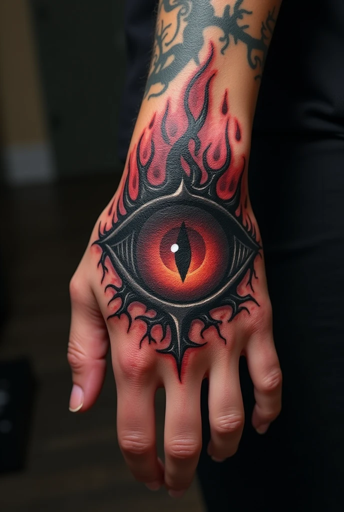 Create a design for a hand tattoo, that it is circular, and in the center there is a non-human eye, everything very devilish