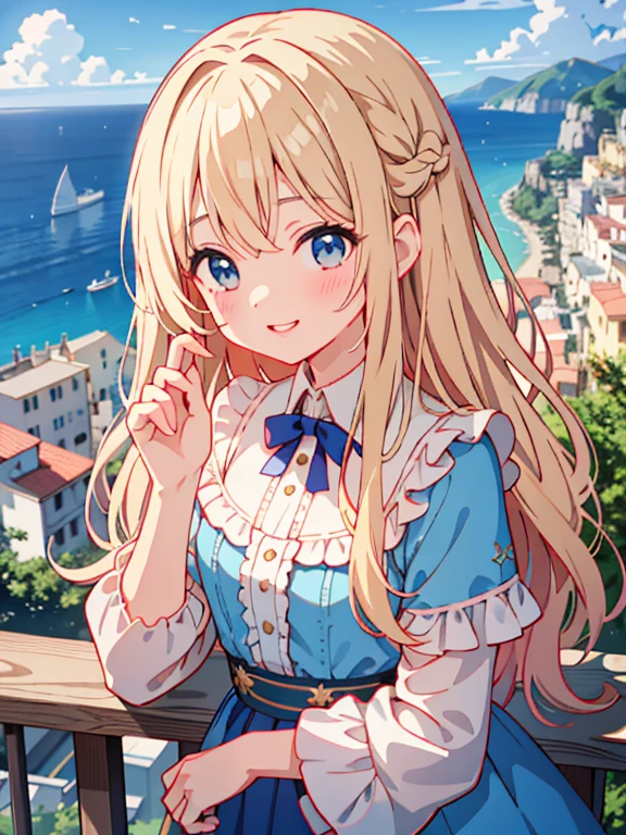 Highest quality、Ultra-high resolution、Highly detailed face、Eye highlights、A girl of about twelve, still with a touch of childishness、Long wavy blonde hair、Blue Dress、A girl stands with the view of Amalfi、houses lining the slope々in the background.、smile、Upper body close-up