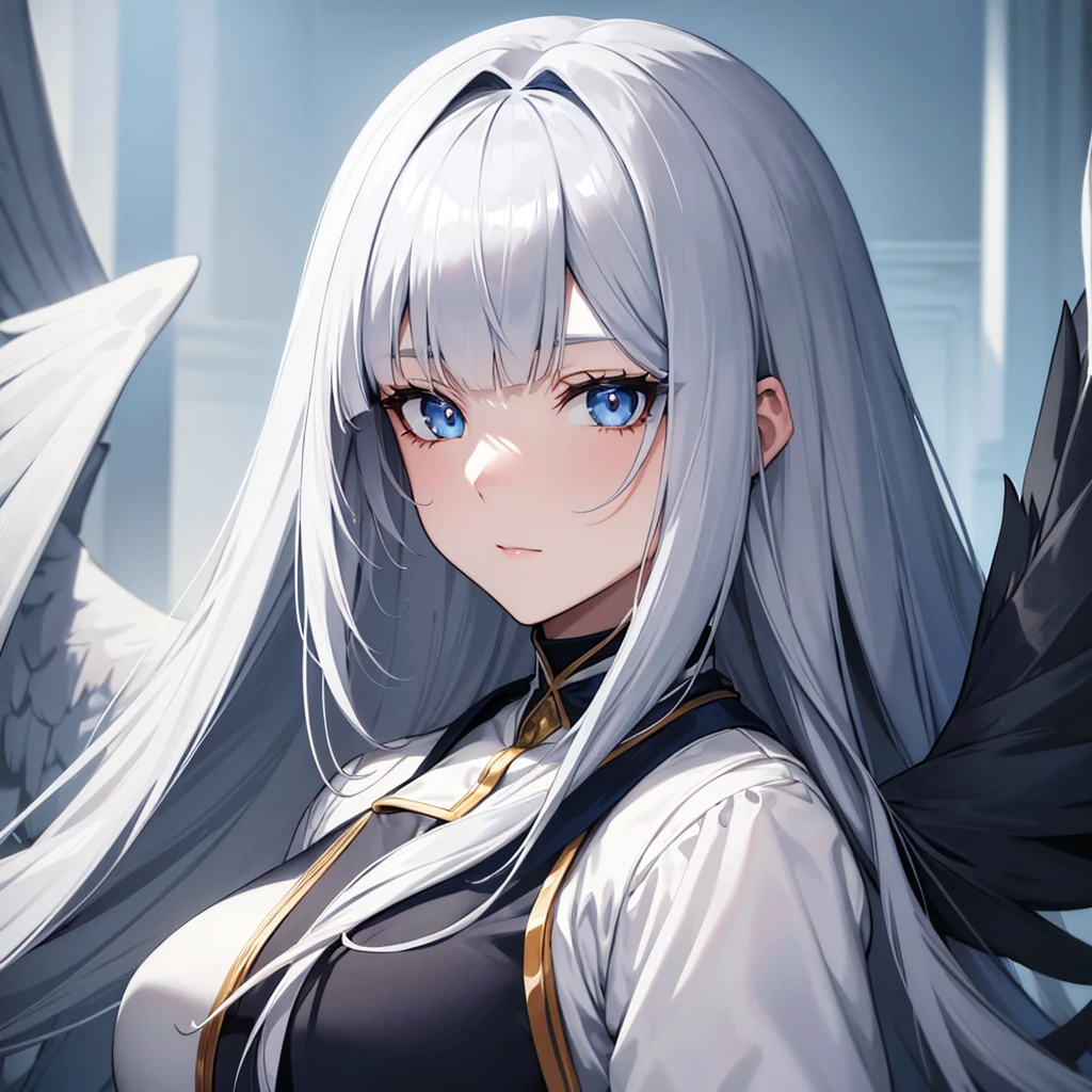 White-skinned girl, blueish-dark-grey eyes, blueish-dark-grey and white hair, anime, harpy-eagle Thiren, feathers, 
close-up face, long hair.High Resolution, Looking at viewer, Bangs, wolfcut, wild hair