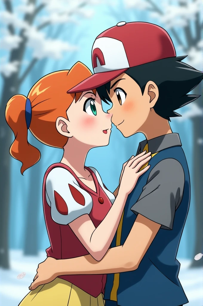 Draw Misty and Ash from Pokemon in the Snow White kissing scene.
Misty has her short hair tied in a ponytail, Her hair is orange and her eyes are green.
Ash has black hair ,He wears a cap and his eyes are brown.