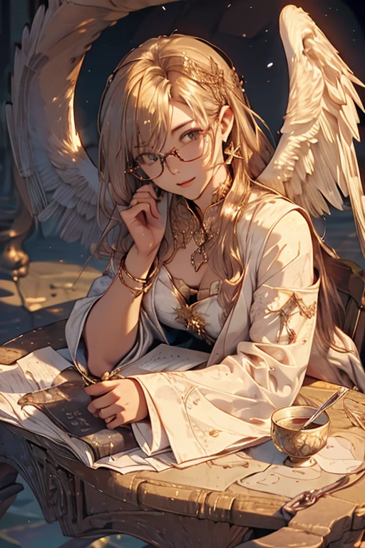 Highest quality、masterpiece、High sensitivity、High resolution、Detailed Description、Slender women、A cup bust、Glasses、Circle of angels overhead、Large wings of an angel、Floating above the desolate wasteland、