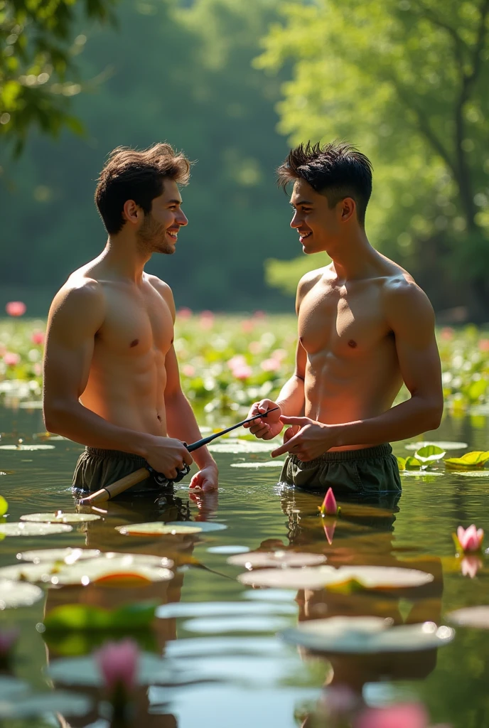 Two handsome young men, with beautiful faces, white skin, soft skin, skinny, short black hair, shirtless, in a fishing swamp, teaching their friend how to fish.