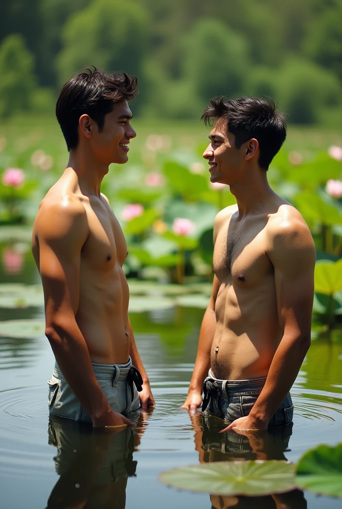 Two handsome young men, with beautiful faces, white skin, soft skin, skinny, short black hair, shirtless, in a fishing swamp, teaching their friend how to fish.