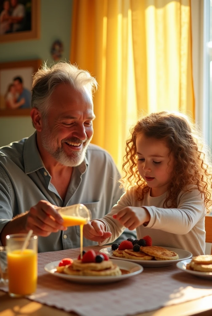 A and her dad having breakfast side profile illustration