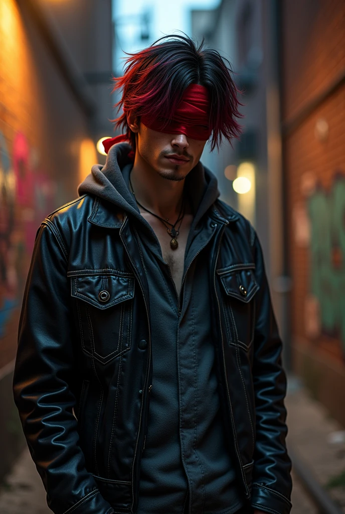 (photorealism:1.2), white male, maroon hair fading from black, red bandana across the eyes, black and gray jacket, back undershirt 
