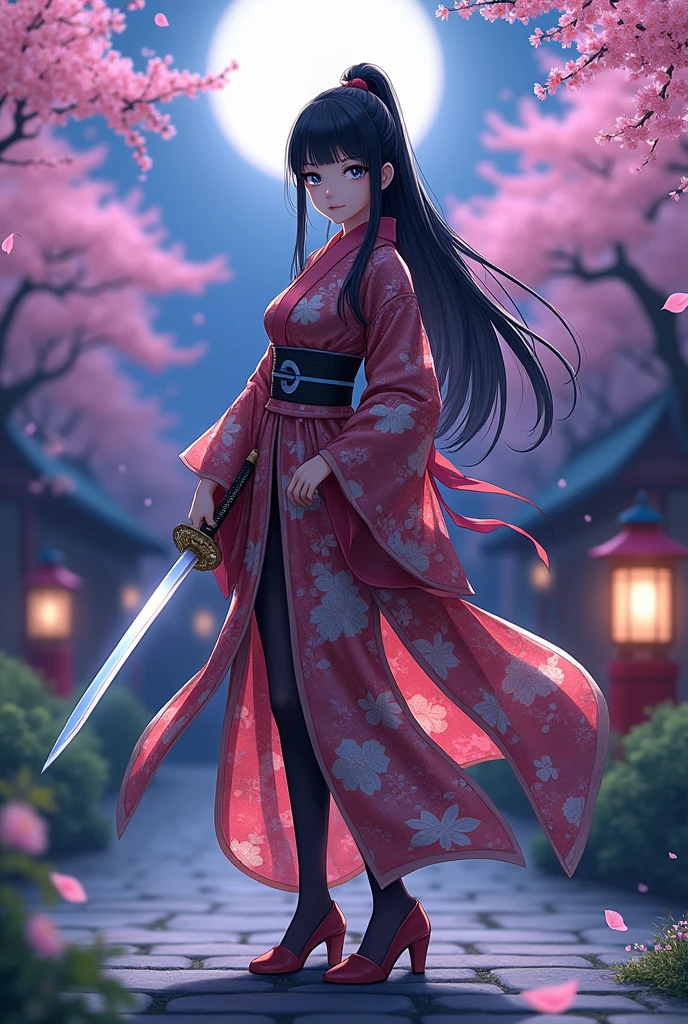 Anime, girl, Yukata, katana, black hair, acheron hair style, silver eyes, black pantyhose, sandal high heels 