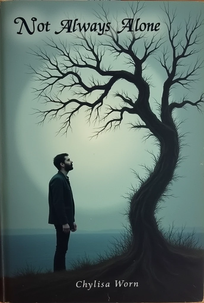 A BOOK COVER, Where is a solitary man without a cape next to a tree?, in dark tones, with your cloudy, written above him in quotes not always alone
