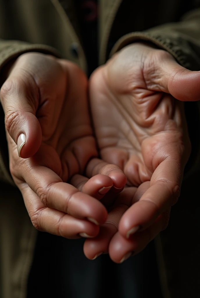 Close-up of Hands, a close-up portrait of a person's hands, detailed skin texture, veins, wrinkles, delicate fingers, intricate gestures, warm lighting, soft focus, cinematic composition, dramatic chiaroscuro, hyper-realistic, rich tones, oil painting, masterpiece, best quality, very aesthetic, absurdres
