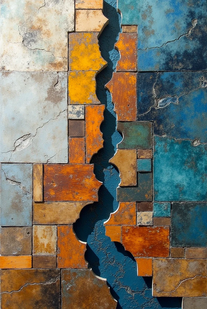 Make me an abstract mosaic using 5 materials(wood, ceramics, stone, concrete, Drywall) in a three-dimensional abstract composition, that suggests the condition of Equilibrium, taking into account color, form, density, size that can generate balance. Considering a crack from corner to corner