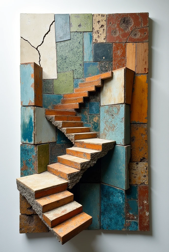 Make me an abstract mosaic using 5 materials(wood, ceramics, stone, concrete, Drywall) in a three-dimensional abstract composition, that suggests the condition of Equilibrium, taking into account color, form, density, size that can generate balance. Considering a crack from corner to corner