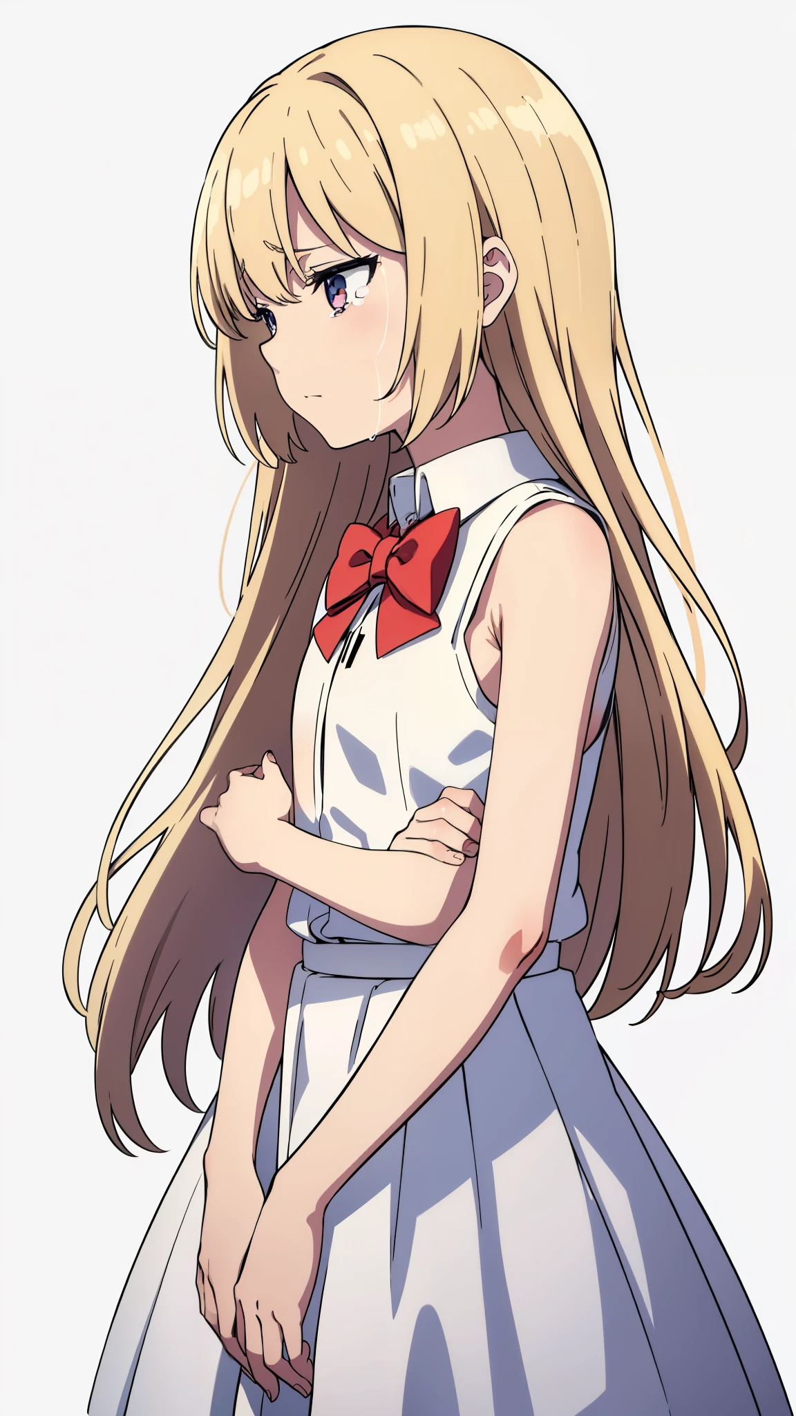 (1girl,),blonde hair,long hair,white dress, sleeveless, bow tie, bare shoulders,sad,crying,(white background,simple background),extra arms,four arms,profile