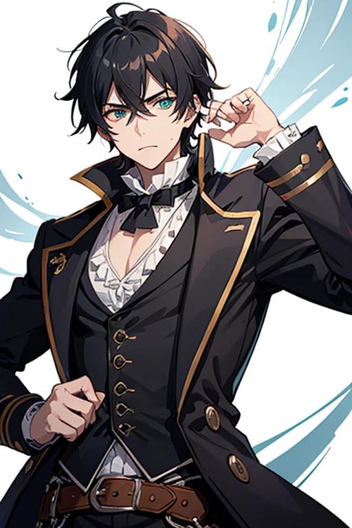Jack the Ripper from Ragnarok, a 30-year-old priest, has short black hair and messy eyes with heterochromia, right eye, blue, left eye, green. He is a tall, muscular man, wearing a gray Victorian-era formal suit with a white shirt underneath and a blood-red steampunk top hat. with a cross on his chest, wearing a gold crucifix necklace and looking directly at the viewer, with a white background.