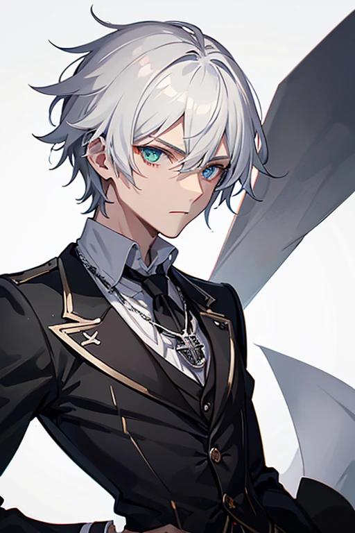 Jack the Ripper from Ragnarok, a 30-year-old priest, has short black hair and messy eyes with heterochromia, right eye, blue, left eye, green. He is a tall, muscular man, wearing a gray Victorian-era formal suit with a white shirt underneath and a blood-red steampunk top hat. with a cross on his chest, wearing a gold crucifix necklace and looking directly at the viewer, with a white background.