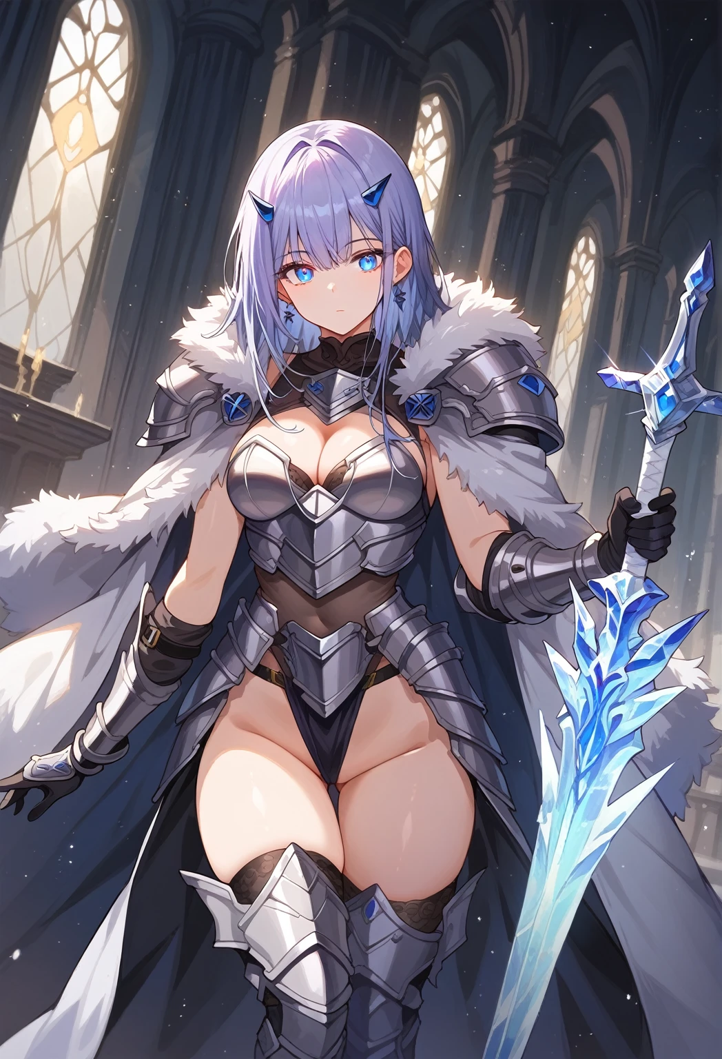 score_9_up, score_9, score_8_up, score_7_up, source_anime,masterpiece, best quality, high resolution, extremely detailed CG, absurdres, highres,1girl, a girl knight wearing heavy armor, with fur on both shoulders, holding the Sword of Ice, cleavage, thighs, (skinny), expressionless, thighs armor, butt armor, blue_eyes, glowing_eyes