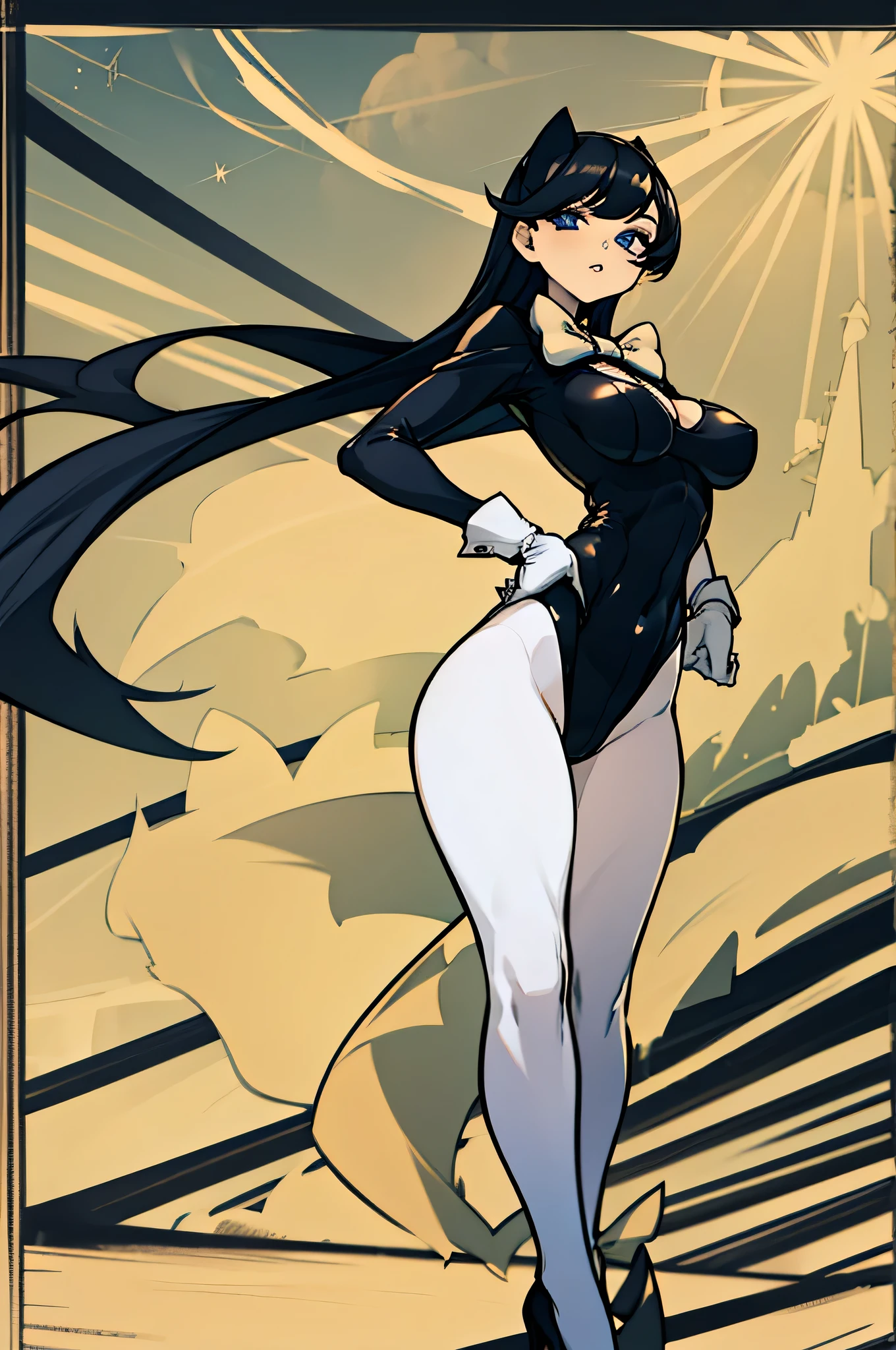 Fembendy,1girl, solo, long hair, breasts, looking at viewer, bangs, blue eyes, black hair, gloves, bow, medium breasts, standing, full body, parted lips, white gloves, bowtie, black footwear, high heels, leotard, hand on hip, bare legs, covered navel, highleg, black leotard, highleg leotard
