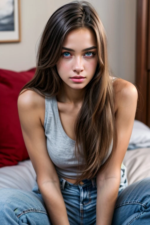 masterpiece, best quality, realistic photo of a girl, long hair, tank top, blue jean, seductive, look shy, Bites her lip 