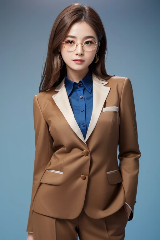 high quality, High resolution, masterpiece, completion, detailed.impressive, Cutting-edge female photography portraits, Look forward、A kind smile、Serious and gentle impression, Wearing a suit、office lady、Professional Lighting,Japanese actress,Delicate round glasses、Golden glasses、Thin gold frame round glasses、Japanese women、alone、Attention to detail, (((A simple blue background:1.4))),((( Studio Light:1.3 ))),((Light light brown hair:1.2)),Beautiful dark makeup,Look straight ahead with your whole body in front,((((Beautiful face like an actress)))),((((Brown formal suit:1.4)))),Realistic proportions, Complex, Complexdetailed, Sharp focus,Professional photography,Passport Photo