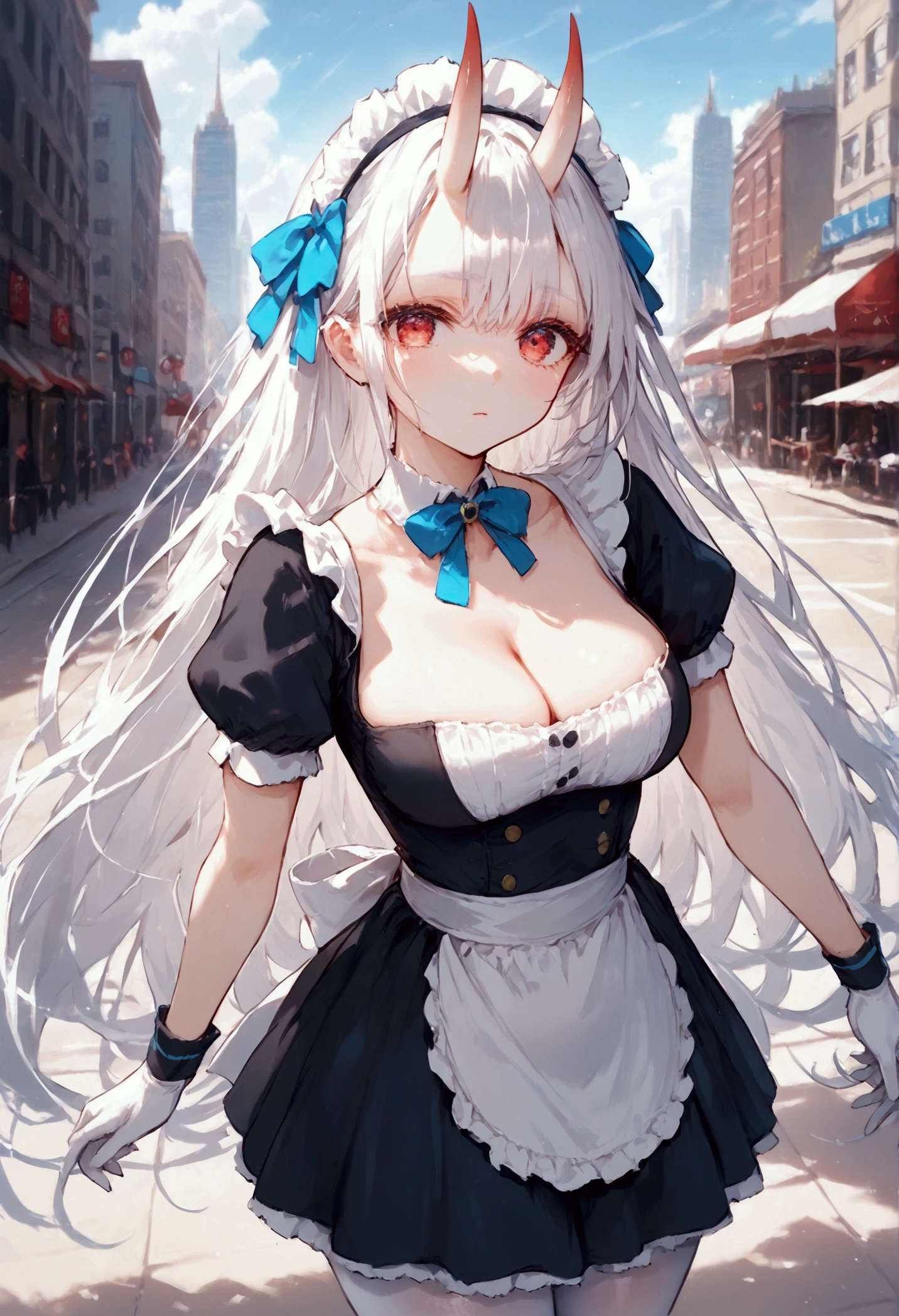 score_9, score_8_up, score_7_up, source_anime, (masterpiece), best quality, expressive eyes, perfect eyes, perfect face, oni girl, oni horns, red eyes, soft lips, long hair, very long hair, wide hips, (white hair:1.2), (white eyebrows:1), (white eyelashes:1), medium breasts:0.5, higuchi madoka, big breasts:0.3, standing, background: City, maid headdress, black dress, puffy short sleeves, blue ribbon, white apron, white pantyhose, white gloves, black footwear