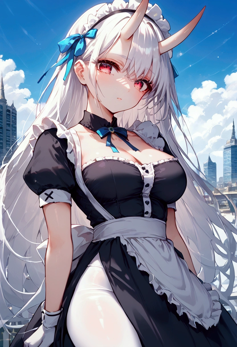 score_9, score_8_up, score_7_up, source_anime, (masterpiece), best quality, expressive eyes, perfect eyes, perfect face, oni girl, oni horns, red eyes, soft lips, long hair, very long hair, wide hips, (white hair:1.2), (white eyebrows:1), (white eyelashes:1), medium breasts:0.5, higuchi madoka, big breasts:0.3, standing, background: City, maid headdress, black dress, puffy short sleeves, blue ribbon, white apron, white pantyhose, white gloves, black footwear