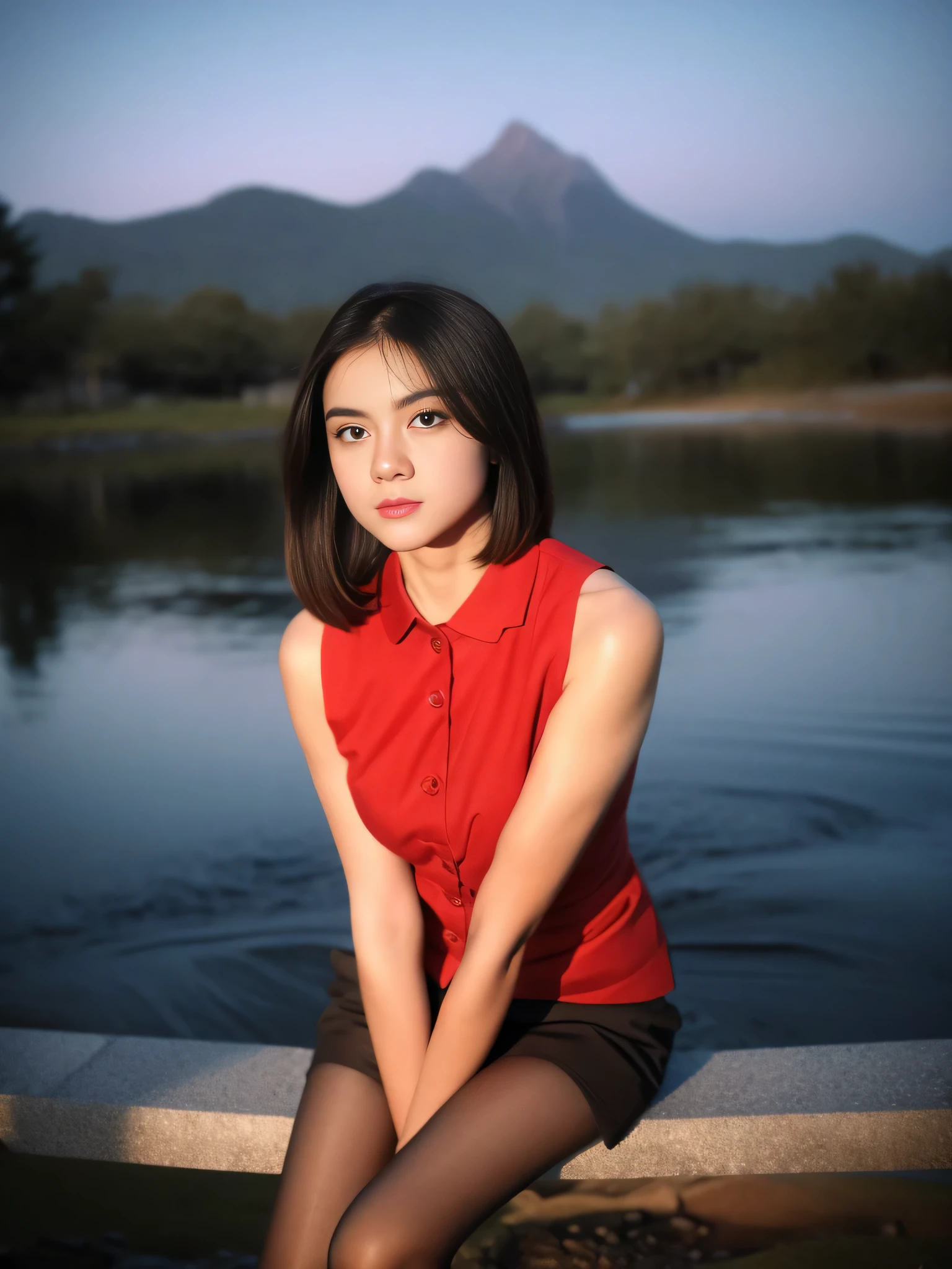 1girl, (uniform), standing, outdoors, night view, detailed Metropolitan city at the background, (above head shot: 1.4), detailed face, detailed eyes, brunette, big breasts, smooth realistic skin, semi-curvy body, wearing red tanktop and thin white hot pants, looking at the audience, (8k, RAW photo, best quality, masterpiece: 1.2), (realistic, realistic: 1.37), ultra-high resolution