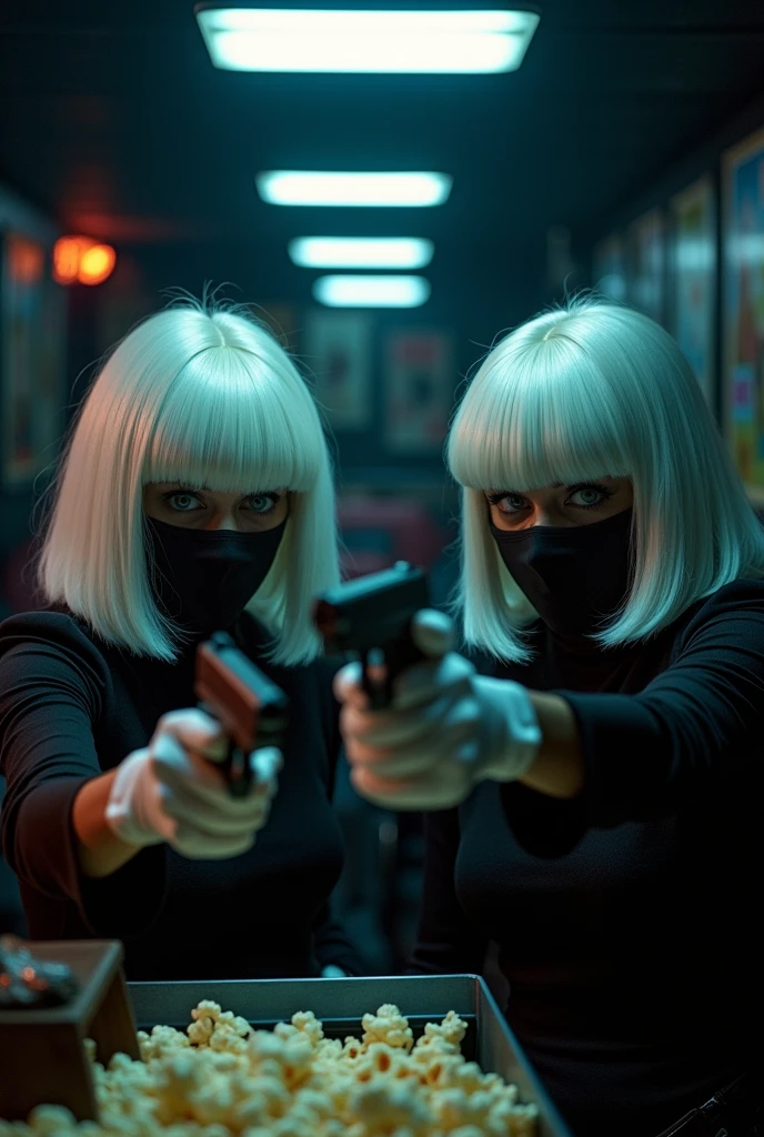 Two women wearing white Lons hair wigs and white leather gloves are robbing a cinema, emptying the cash register with guns while wearing masks.