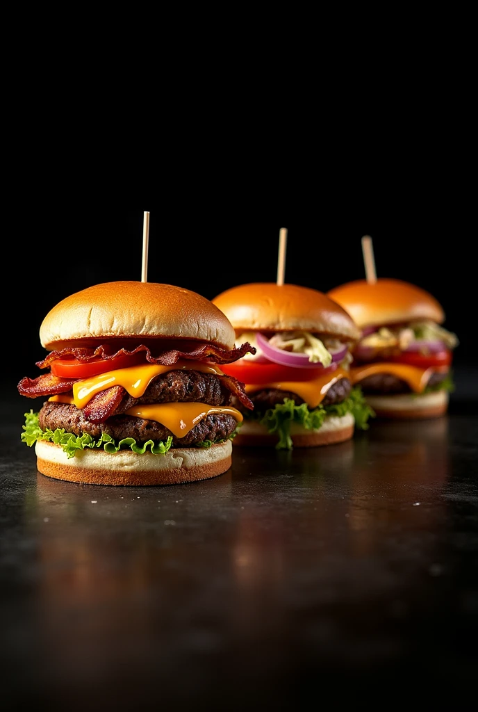 Black background without floor
3 hamburgers WITH GROUND PORK IN STRIPS
A hamburger with GROUND PORK IN STRIPS, melted american cheese and bacon.
Another hamburger with GROUND PORK IN STRIPS, con tomate y lechuga
Another hamburger with GROUND PORK IN STRIPS y ensalada coleslaw
