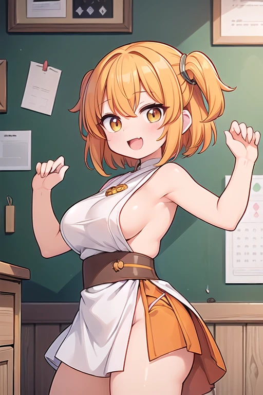 (1 Cute naughty monk girl:1.7), Pastel colors hair, (Excessively overwhelmingly gigantic huge breasts:1.8, Thighs:1.2, thick legs:1.2, curvy:1.2), yellow orange hair, (undercut:2.0, short two side up:1.5, medium hair:1.8), (naked:1.4), standard height, (blush:1.2, fang:1.2, ;d), at the adventurer's guild, A bulletin board with posted paper, fighting stance