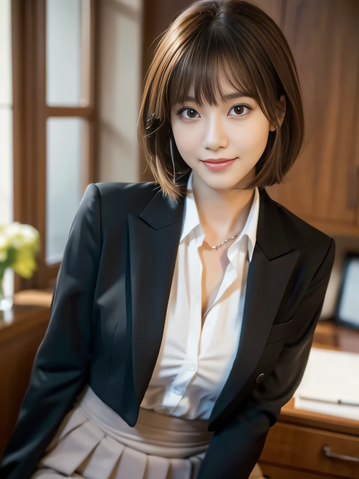 masterpiece, best quality, ultra-detailed, intricately detailed hyperdetailed, realistic, sharp features, highly detailed, sharp focus, Realistic, Photorealistic:1.3, (:1.5), perfect face, perfect symmetrically eyes, perfect full lips, hyper detailed, hyper realistic, high resolution, Fashion Model, Japanese Idol, Slender, brown hair, Stylish, model poses, Beautiful Face, light brown hair, messy hair, asymmetrical bangs, (seductive smile:1.2), (looking at viewer), cinematic lighting, (office lady suit), Office, (Random Pose), Black jacket, (collared white shirt), Black tight skirt, Long sleeves, Suit, cleavage, Formal, Smile, Black pantyhose, a beauty girl ,8K, high resolution,Raw photo, (Best Quality:1.2), Realistic, Photorealsitic, Sharp Focus,