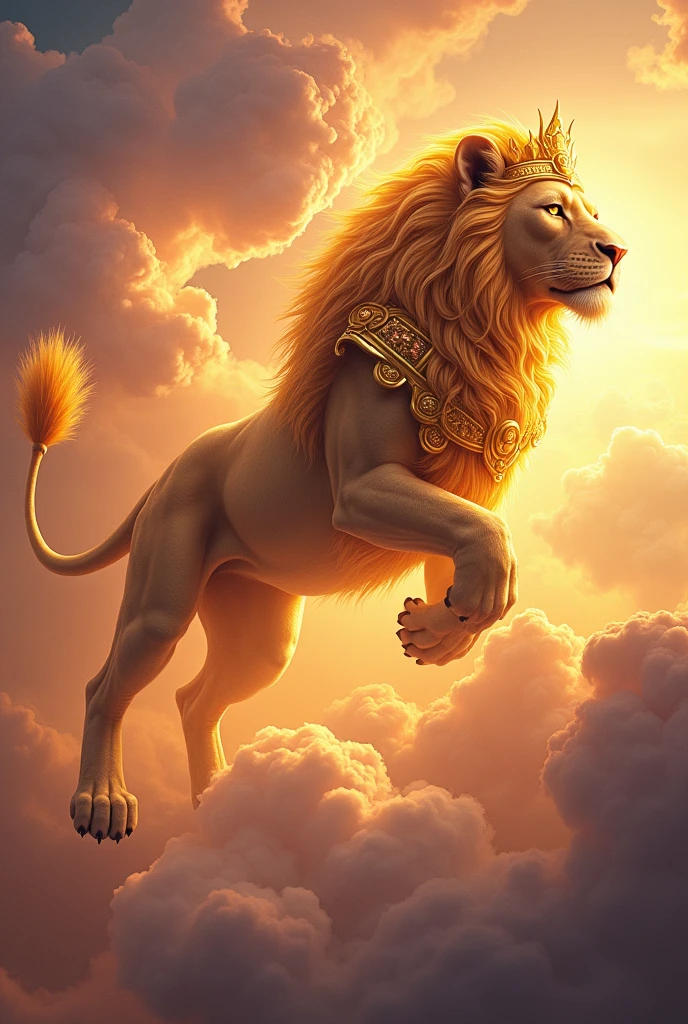 Divine Being, The Emperor Lion is soaring through the air in the heavenly realm, Conveying in an elegant graphic form. The lion is adorned with a glorious golden armor and symbols of the glorious royal family.It exudes power and majesty as it runs on an invisible path across the sky. Swirling background, Glowing and golden clouds, Light from heaven casts a warm orange glow, pink, And purple. Extremely exquisite and spectacular atmosphere, Worthy of being the Emperor's mighty lion.